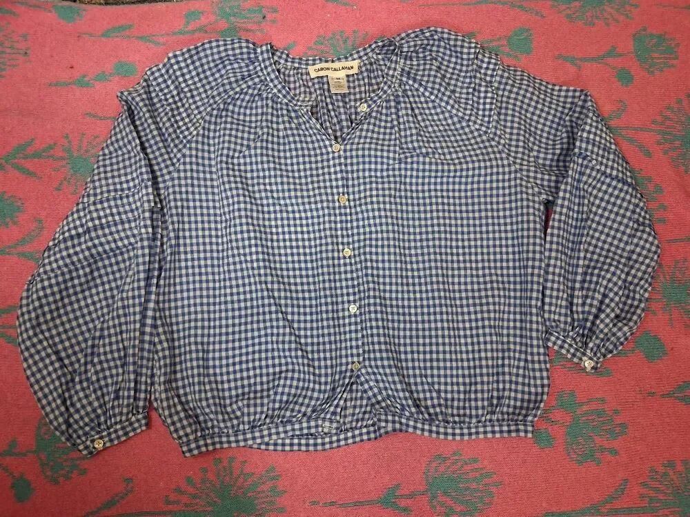 Caron Callahan womens medium cobalt blue gingham shirt tencel cotton peasant top - Picture 4 of 8